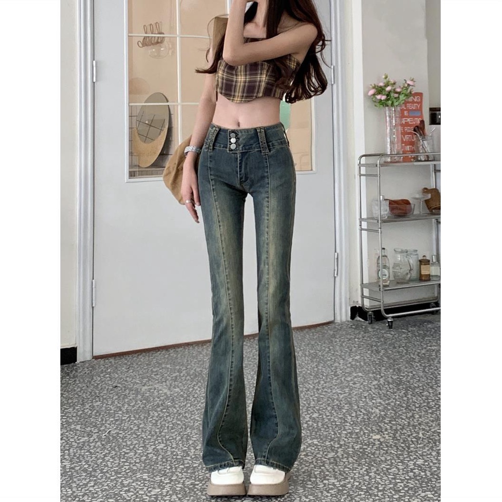 Red Hot Girl Retro Stretch Jeans Wanita Musim Panas Lurus Pria Kecil All-Match Slim Mengepel Micro-flare Celana Celana