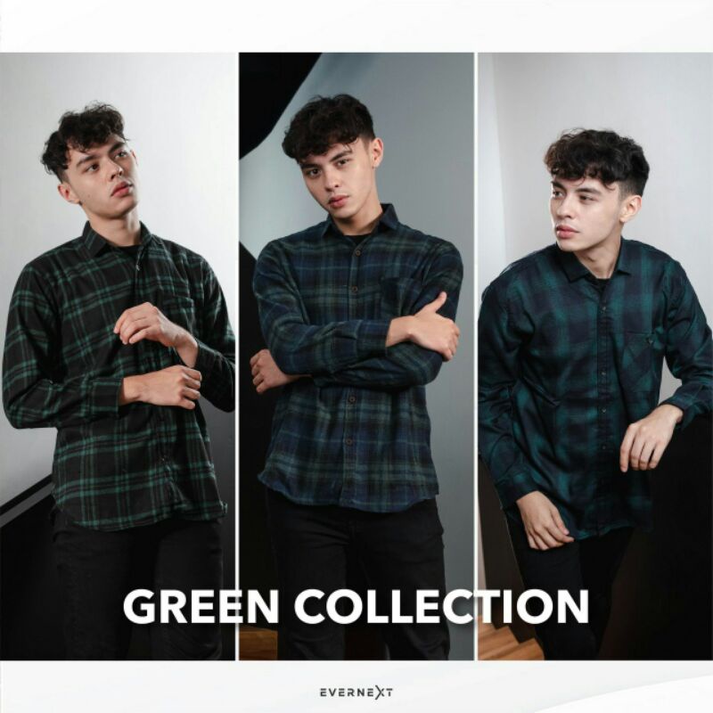 Kemeja Pria Lengan Panjang Flanel Premium Kotak Kecil Ijo Hijau Green XL Jumbo Terbaru Hem Remaja  C