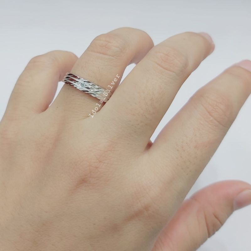 CINCIN PERAK ASLI PRIA WANITA SILVER 925 LAPIS EMAS PUTIH MODEL UKIRAN+DOP PUTIH KELILING - CINCIN PERAK COUPLE