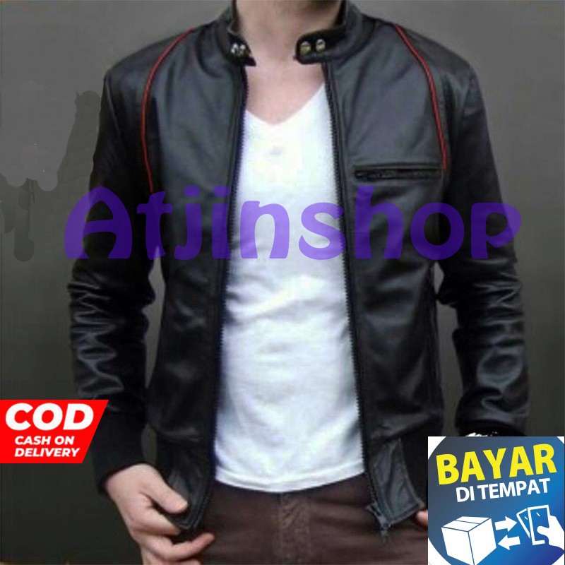 Atjin-Jaket Kulit Pria ARIEL terlaris Kasual Exclusive Series Ferrari / Jaket Motor Pria FULL BLACK