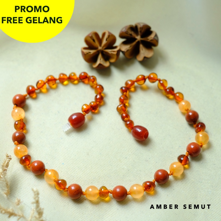 Kalung Amber Baltic Cognac Glossy X Gold Aventurine by Amber Semut