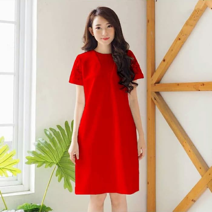 DRESS NATALI/SHORT DRESS/DRESS ELEGANT/GAUN NATAL/BUSANA WANITA - Merah Murah