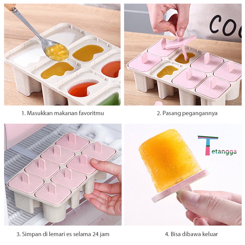 Cetakan Es Krim Stik Kotak Mini / Cetakan Ice Cream Stick Jelly  8 Slot Es Loli DIY Beserta Lucu Es Batu Bulat