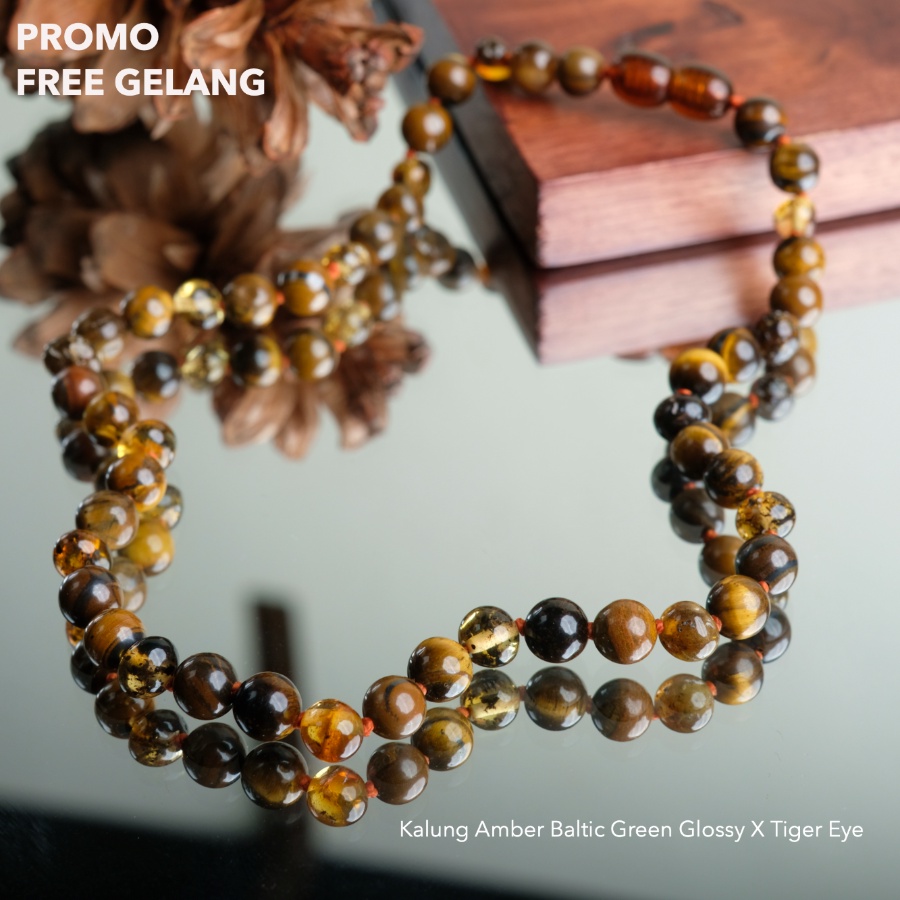 FREE GELANG - Kalung Amber Baltic Green Glossy X Tiger Eye by AMBER SEMUT