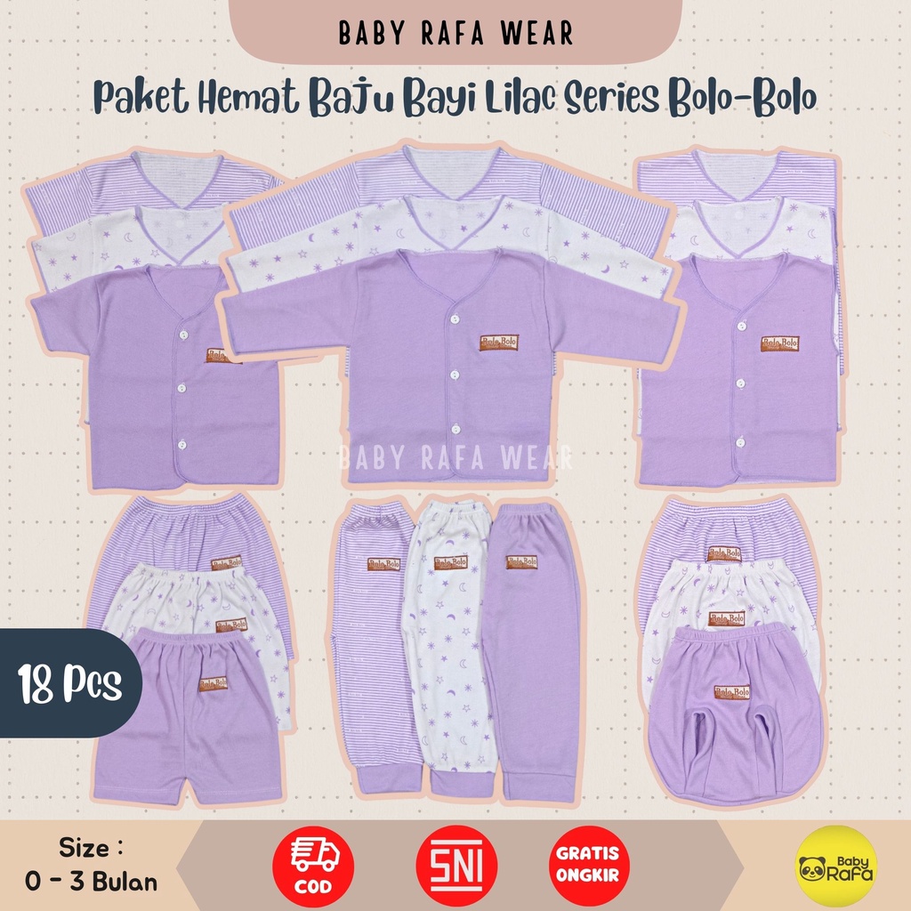 Serian Lilac - 18 PCS Paket Lahiran Setelan Baju Bayi Celana Bayi Baru Lahir Gift Set Baby merk SNI Bolo - Bolo LILAC SERIES