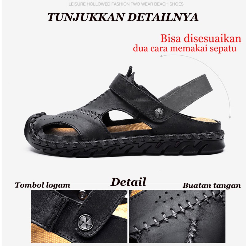 Sandal kulit pria Sandal pria  Sandal Slide pria Sandal Pantai 【Dua cara untuk dipakai】Sepatu buatan tangan