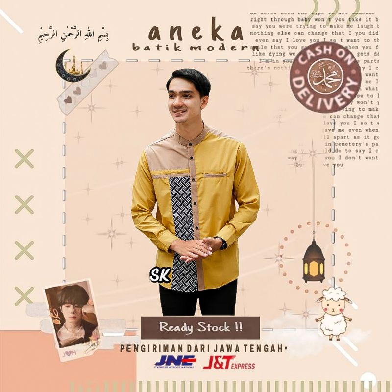 SERAGAM M L XL ATASAN BAJU KOKO COWOK MIX BATIK LENGAN PANJANG KUNING COKSU BIREL MAROON ABU LAVENDE