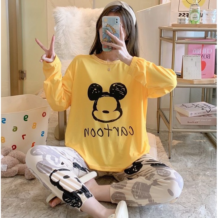 AJW Shop Setelan Wanita Import Joger | Setelan Baju Tidur Wanita | Piyama Wanita-Cartoon Kuning