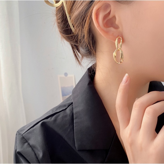 ANTING TITANIUM KOREA PEREMPUAN DEWASA RANTAI BENTUK BULAT EMAS GANDA ANTI KARAT AKSESORIS ANT87