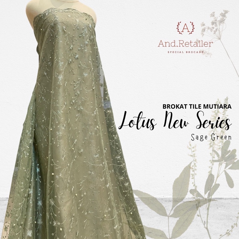 Kain Bahan Kebaya Brokat Tile Mutiara Lotus New Series Warna Sage Green