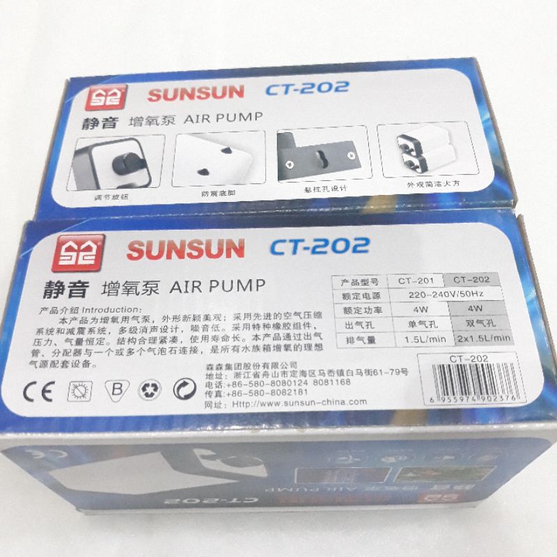 SUNSUN CT202/CT 202 Pompa udara 2lubang/Airator/Aerator Aquarium/Akuarium