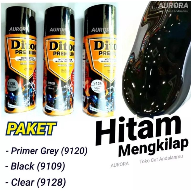 PAKET Diton Premium Black 9109 Hitam Mengkilap termasuk Epoxy Primer dan Clear Gloss Cat Semprot Spr