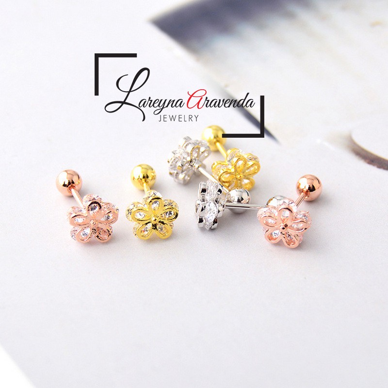 Anting Wanita Titanium Asli Bunga Crystal Kristal Zircon AAA ET002