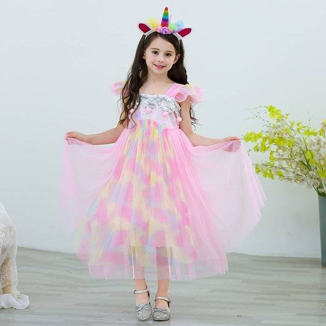 GAUN PANJANG PRINCESS RAINBOW PINK / DRESS PESTA ANAK GLITTER UNICORN IMPORT KOREA