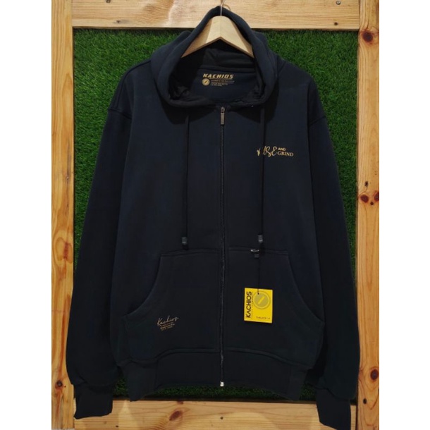 Sweater Hoodie Zipper Resleting Pria Distro Premium Original Kachios Hitam Motif Simple Bahan Fleece