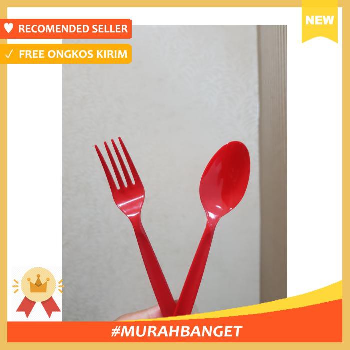 SENDOK MAKAN PLASTIK / GARPU MAKAN PLASTIK WARNA MERAH - PERALATAN MAKAN - SENDOK & GARPU