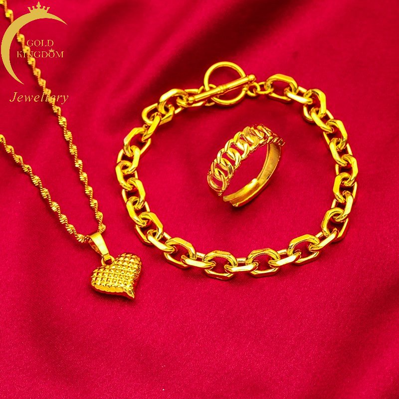 Set Perhiasan Kalung Gelang Cincin Lapis Emas Asli Kadar 375 Dengan Liontin Hati Untuk Wanita