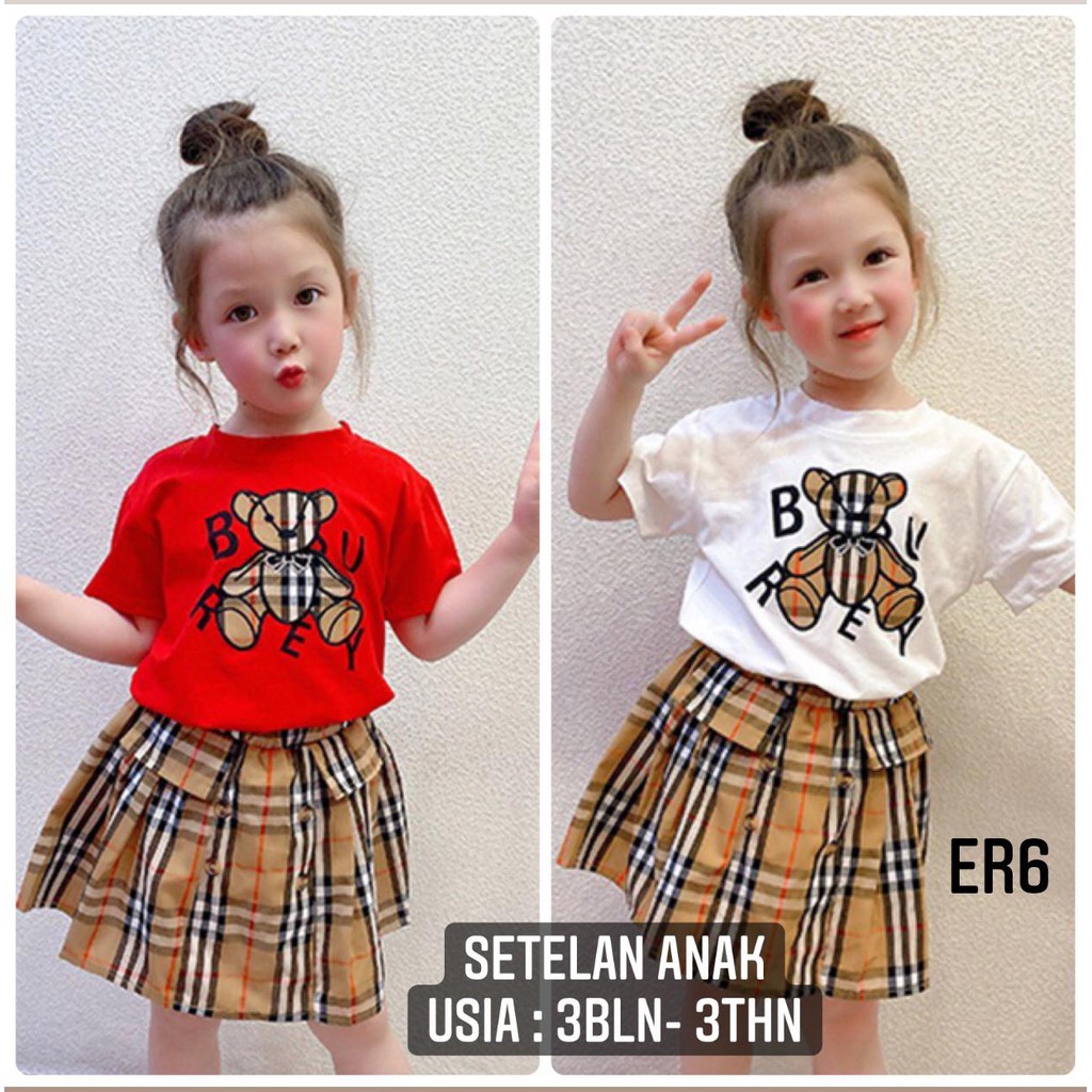 SETELAN ANAK PEREMPUAN LUCU one set anak cewek atasan kaos lengan pendek+rok model tartan SIZE S - L