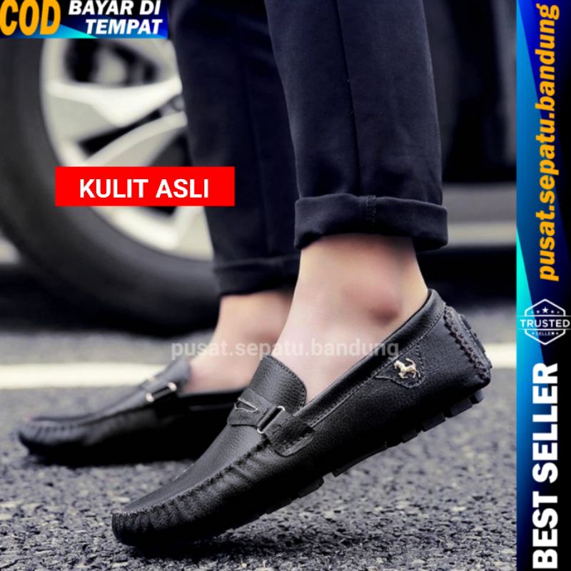 Sepatu Kulit Pria Pantofel Ferrari Casual Kerja Kantor Formal Slip On Santai Keren Hitam dan Coklat