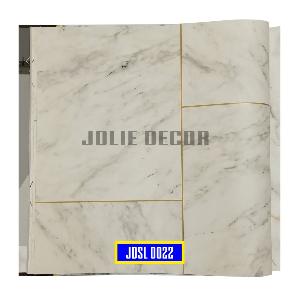 Wallpaper Dinding Vinyl Motif Marmer Light Gray Border Persegi Emas