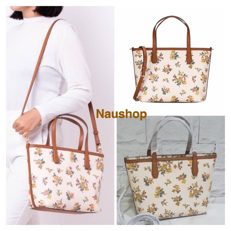 Tas TB Tory burch Kerrington Rose Floral Coated Reva Zip Tote Small