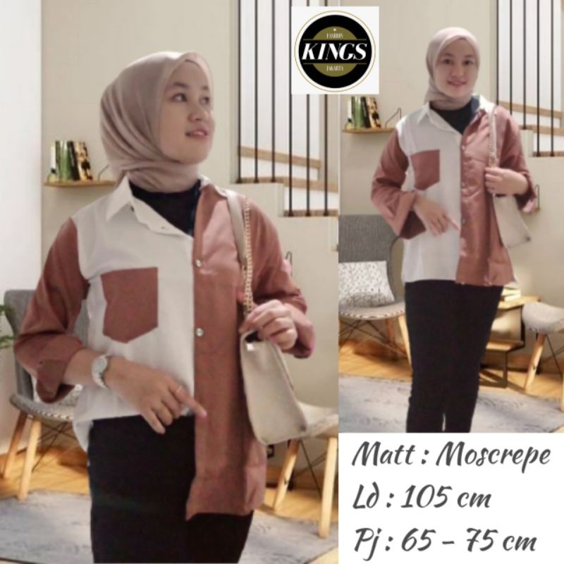 Kemeja Wanita Polos Casual Blouse Basic Kombinasi Warna Lengan Panjang Kekinian  Moscrepe-Milo Kombi 84