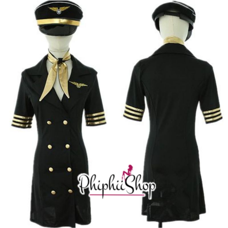 PREMIUM Kostum Seragam Pramugari Sexy + Syal + Topi Pilot Sailor Uniform Cosplay