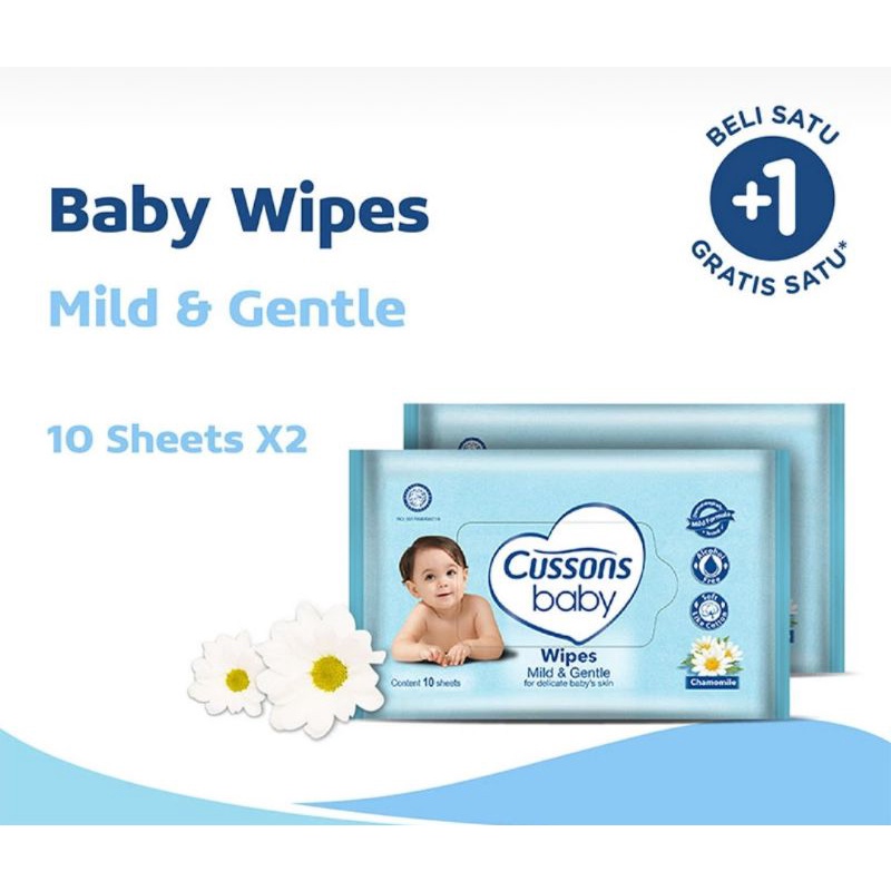 Cussons Baby Wipes Mild & Gentle Isi 10 Sheets Buy 1 Get 1 - Cusson Baby Tissue Tisu Basah Bayi 10s 