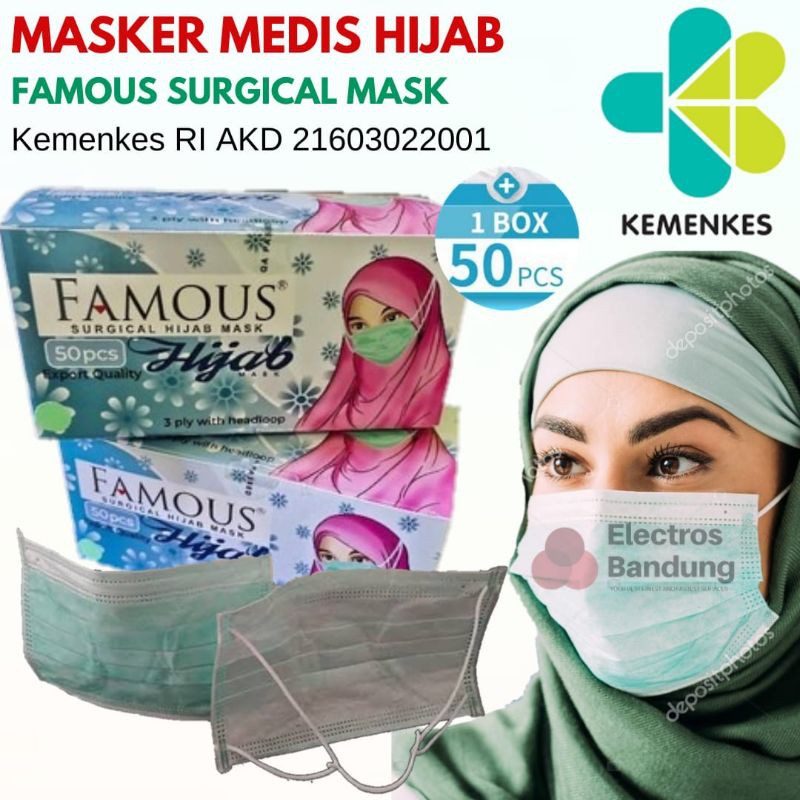 Masker Hijab Headloop Medis FAMOUS 3ply isi 50pcs Kemenkes RI Masker Hijab - Hijau