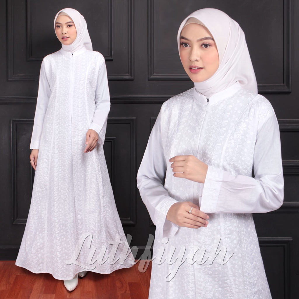 Gamis Umroh Wanita Putih Katun Jepang Full Bordir Adem Tidak Nerawang