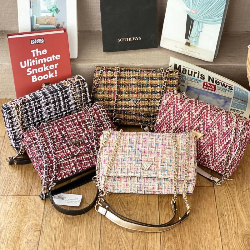 Tas Selempang Wanita Import GB107 Guess Tweed Chain Shoulder Bag