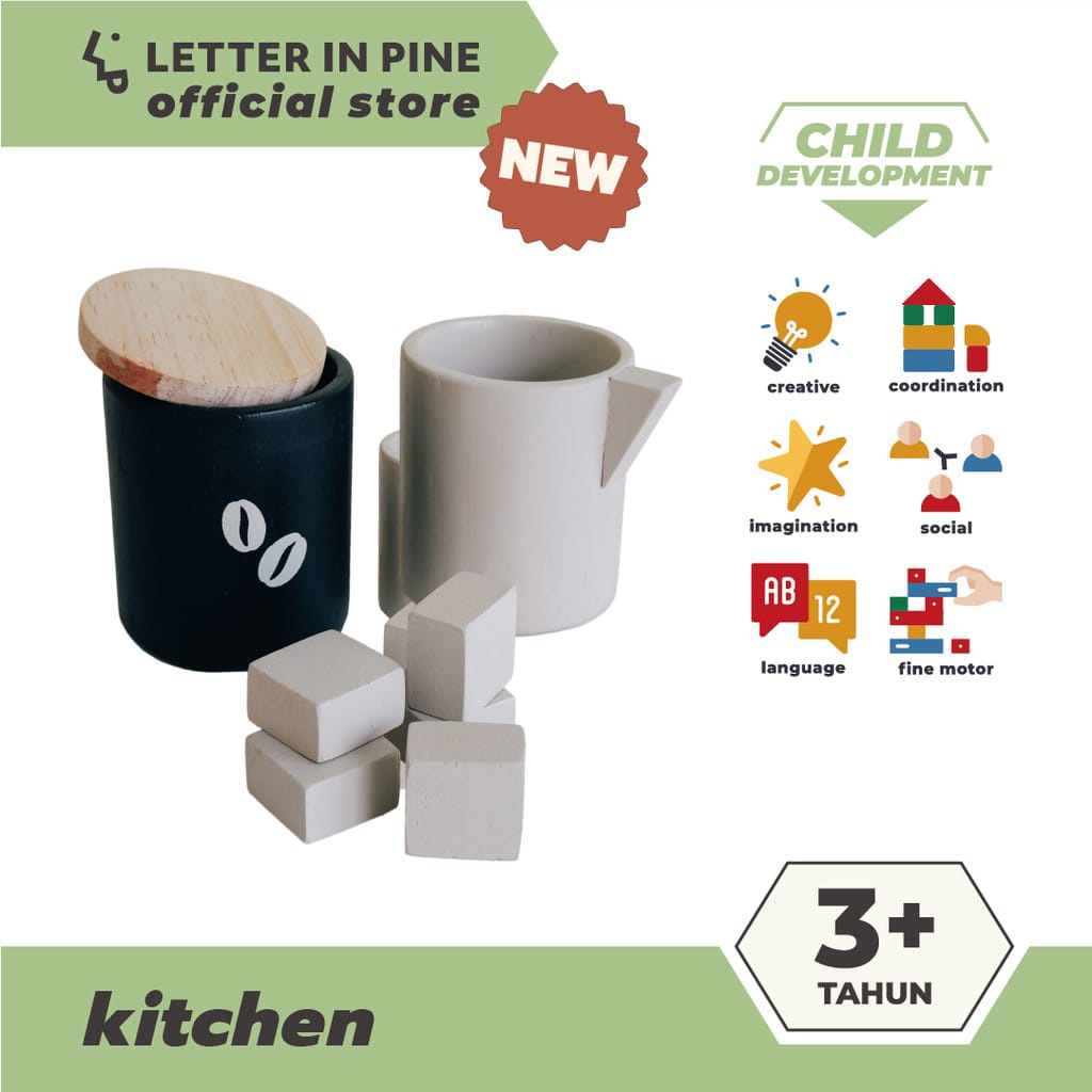 LETTERINPINE - CREAMER AND COFFEE WITH CRYSTAL SUGAR SET / Mainan Kayu Masak-Masakan