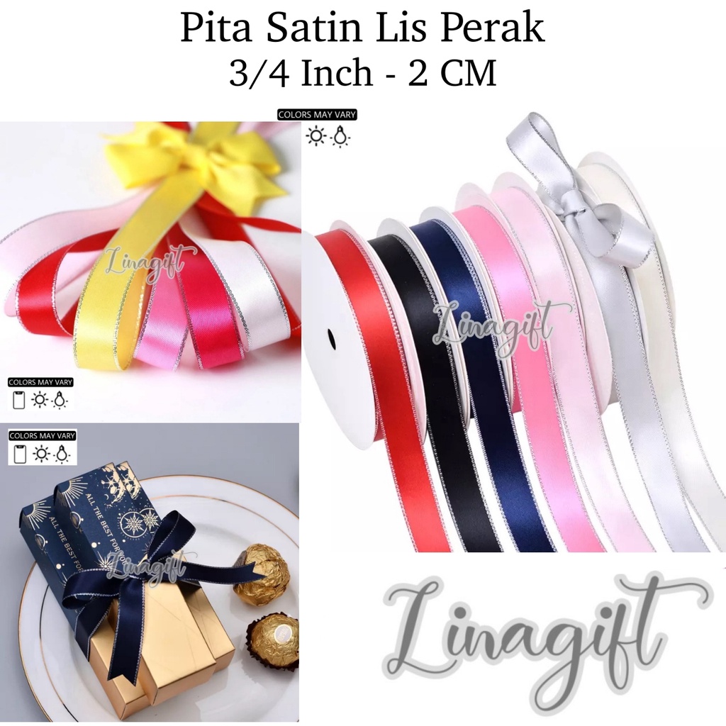 ( Rol 20 Yard ) PITA SATIN LIST PERAK 3/4INCH / PITA KADO 2CM / SATEEN RIBBON SILVER BORDER 20MM