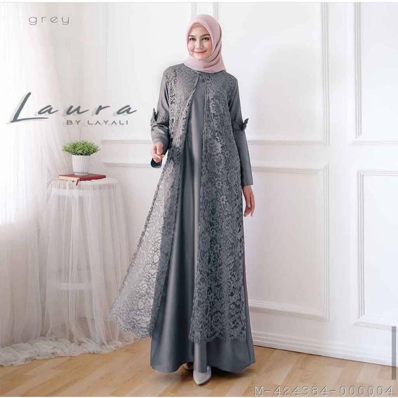 DRESS MUSLIM WANITA LAURA GAMIS BRUKAT MOSCREPE VDND-321Variasi：Navy, Grey, Mocca, Marun
