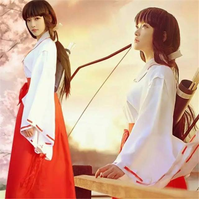 Costume Miko Kikyo Inuyasa Hakama Kimono Jepang Anime Cosplay