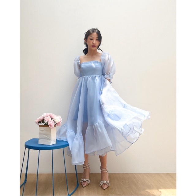Dress cinderella Blue Dress pesta prewed Premium cutting Terusan wanita Biru langit kembang Princess