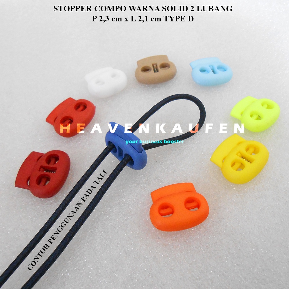 Stopper Tali Model Compo Dua Lubang PxL 2,3 cm x 2,1 cm Untuk Tali Maks 3 mm Warna Warni Solid Type C2