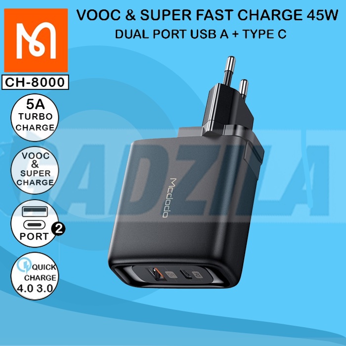 Mcdodo CH-8000 45W Travel Charge USB + Type C PD QC 3.0 Fast Charge