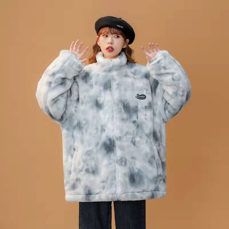 jaket korean style wanita tie-dye lamb s wool coat women s winter Thicked lamb s wool top loose