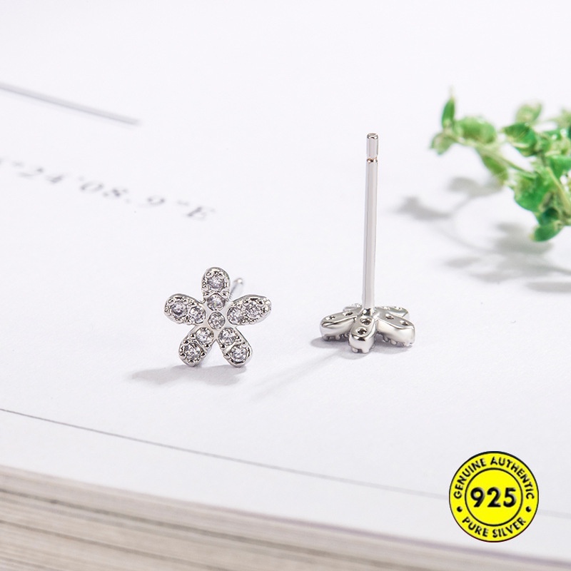 Anting Tusuk Sterling Silver 925 Desain Bunga Hias Berlian Imitasi Untuk Wanita