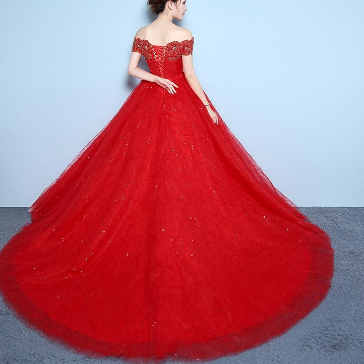 TRXo5O9a--Putih Dan Merah Ekor panjang Off Shoulder wanita gaun pengantin Sabrina Renda gaun pesta p