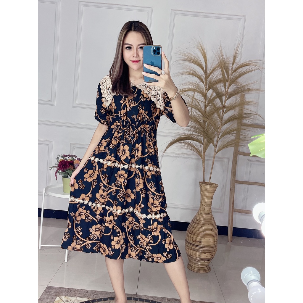 Daster Arab Renda Kekinian Resleting Depan Ziper Panjang Dress Lengan Pendek Rayon Tali Samping Motif Bunga Ha;us Adem Ld 110