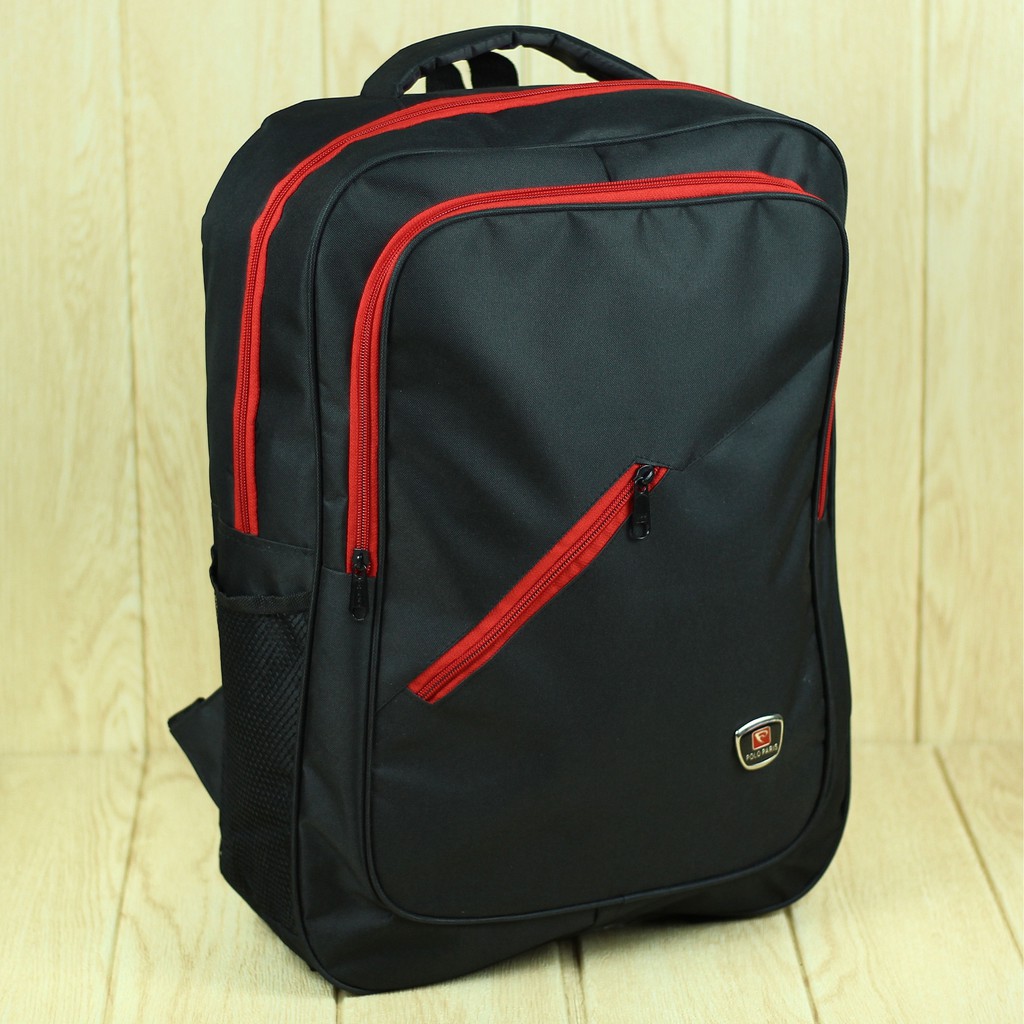 Tas Distro Gendong Sekolah Hitam Polo Pojok Merah Bahan D300 Nyaman di Punggung Tebal Free Raincover Ransel Kerja Dinas Murah