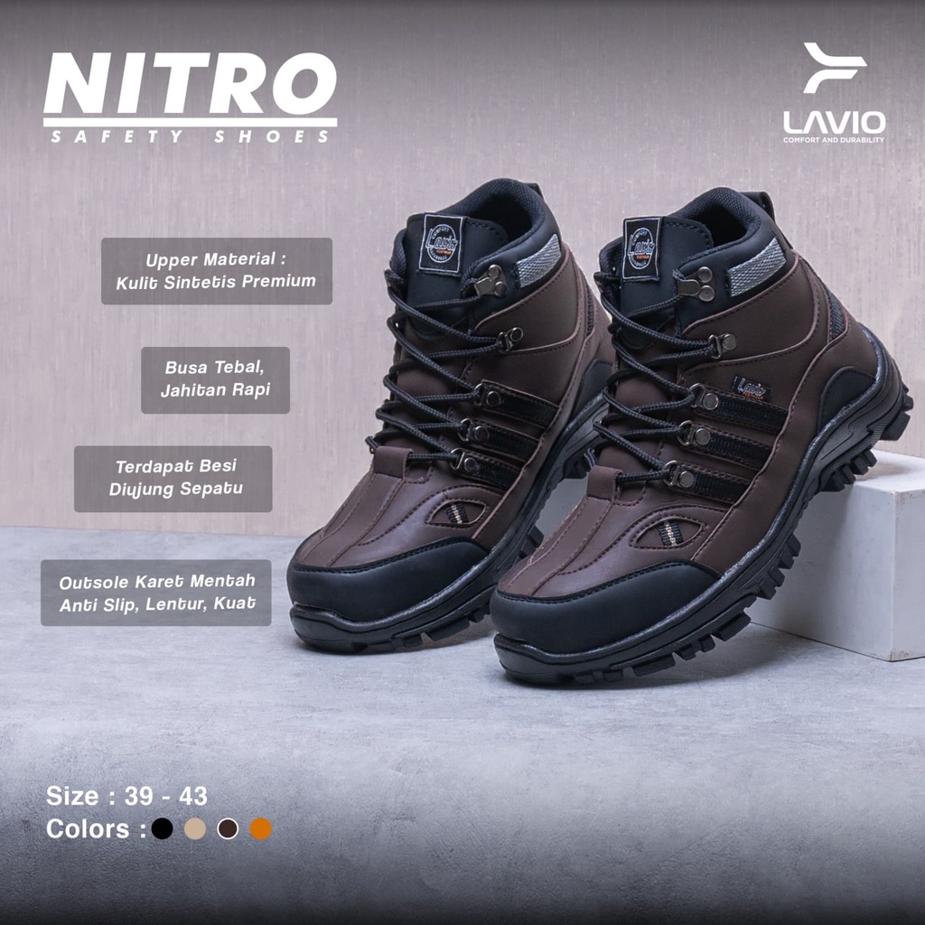 Sepatu Safety Boot Tinggi Pria Lavio Nitro High dengan Ujung Besi Sefty Cowok Bahan Karet Mentah Anti Slip Outdoor Kerja Lapangan Proyek