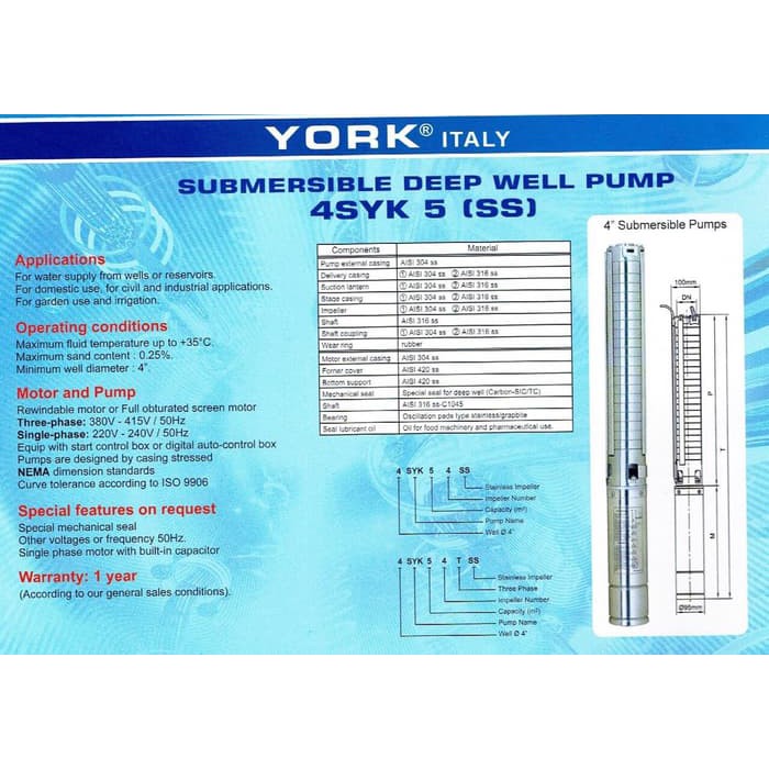 4SYK5-12 SS YORK SUBMERSIBLE DEEP WELL PUMP YORK POMPA SATELIT 1.5 hp MURAH
