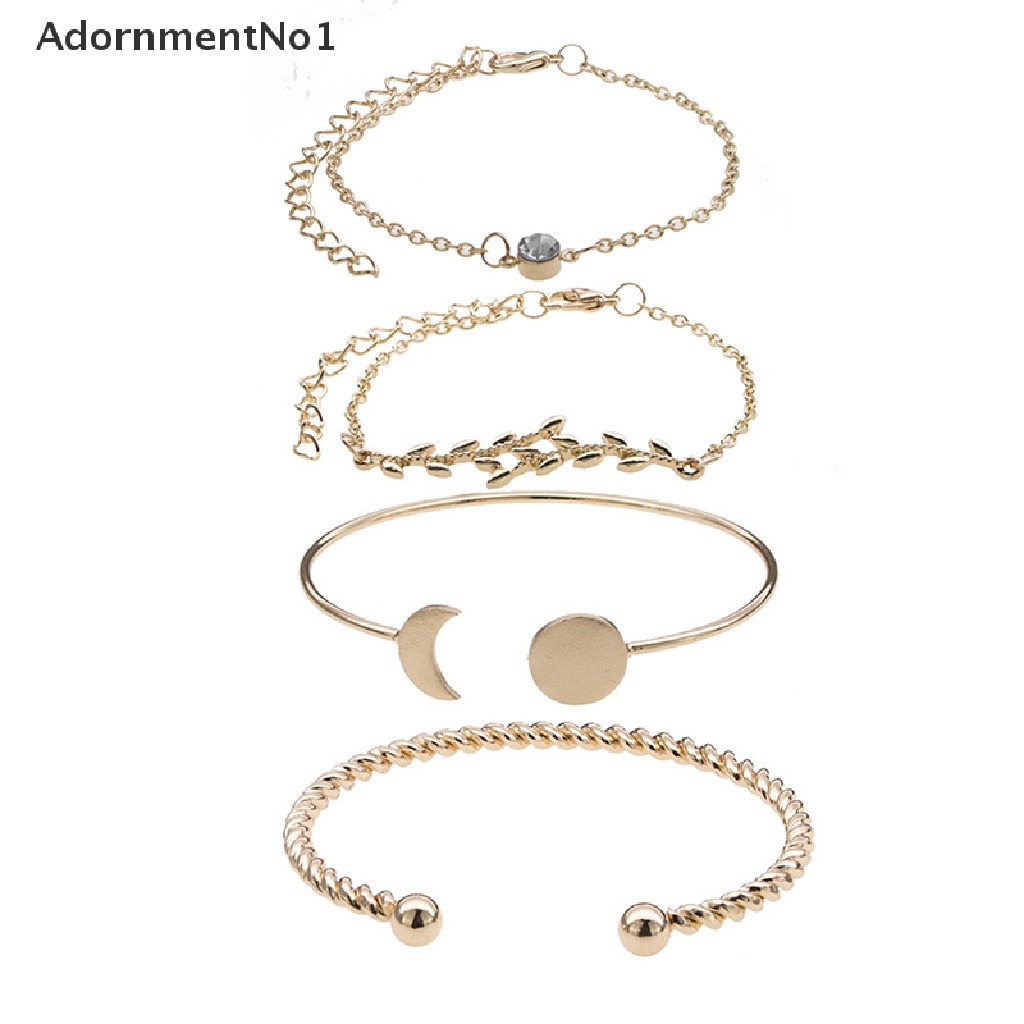 (AdornmentNo1) 4pcs / Set Gelang Tangan Alloy Gaya Bohemian Motif Daun + Bulan + Kristal Untuk Perhiasan Wanita, Handmade