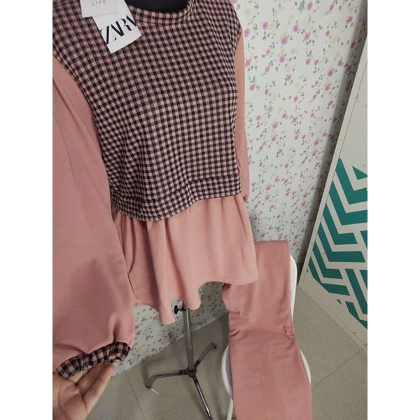 setelan celana kulot zara knit kotak dusty