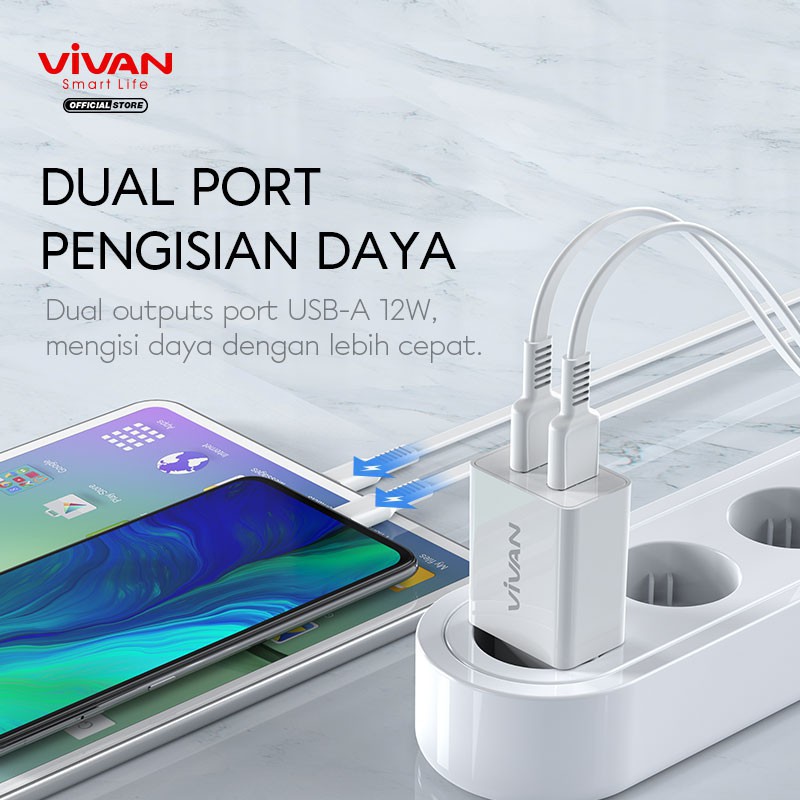 Charger 2.4A  Dual USB VIVAN DD02 12W with Charging Cable