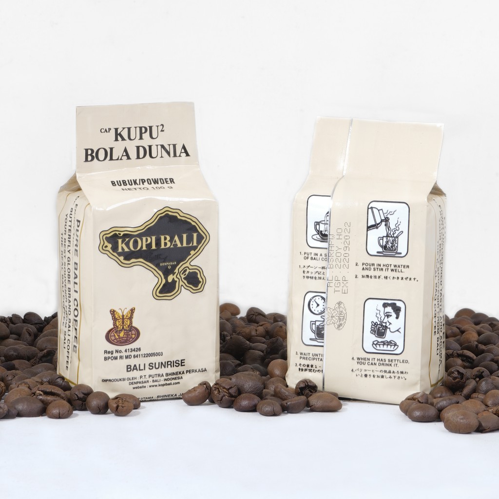 

Kopi Bali Arabika Bubuk Sunrise Cap Kupu Kupu Bola Dunia 100gr