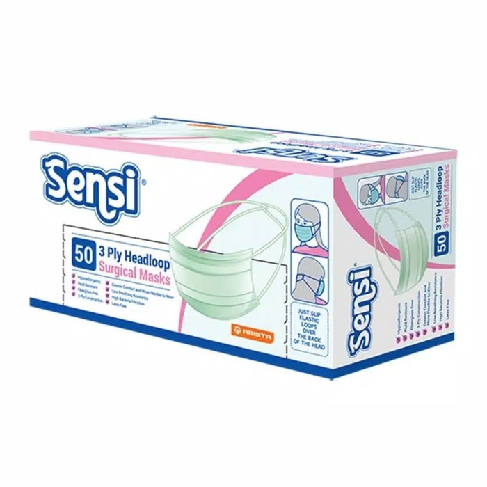 Sensi Masker HIjab Headloop / Masker Biasa 3Ply SENSI 1 BOX 50 Pcs Mask Ready Banyak Warna